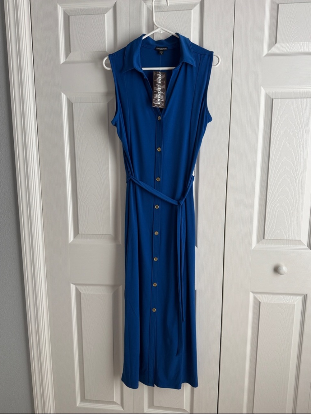 Nina Leonard Sleeveless Button-Front Maxi Dress in Royal Blue.
